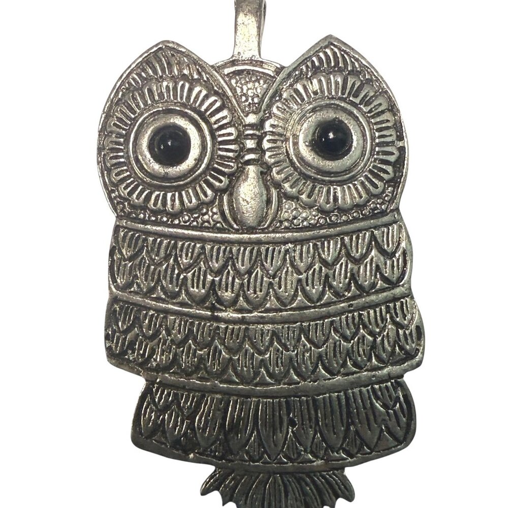 Vintage Silver-Tone Owl Pendant With Intricate Detailing & Black Eyes 3.5" Tall